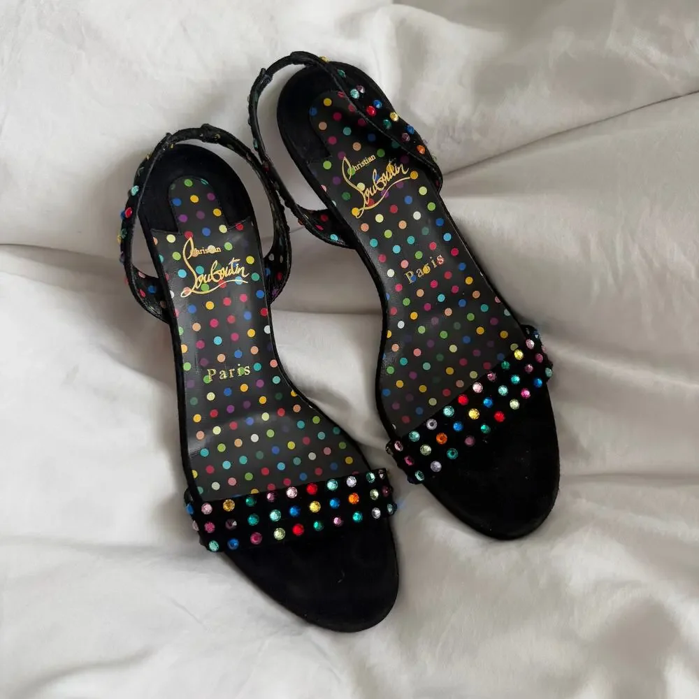 Christian Louboutin O Marylin 100 Black Polka Slingback Sandal Heel Pump 37.5